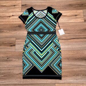 Calvin Klein Sheath Dress SZ 6 Pullover Stretch Turquoise Yellow Short Sleeve